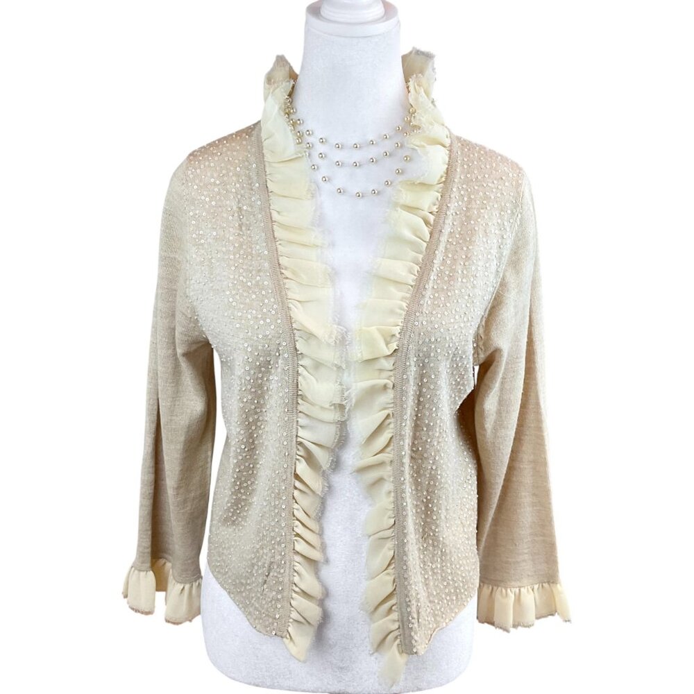 Ruffled Cardigan Sweater Wool Sequins Beige (M)